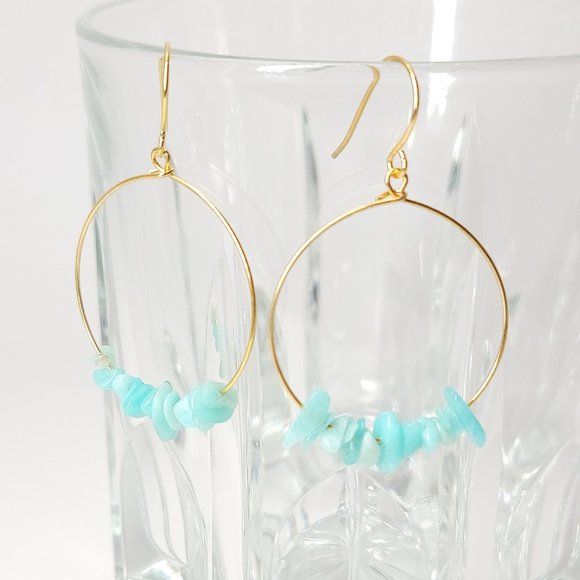 NEW Natural Aqua Blue Gems Stones Hoop Earrings - Picture 1 of 8